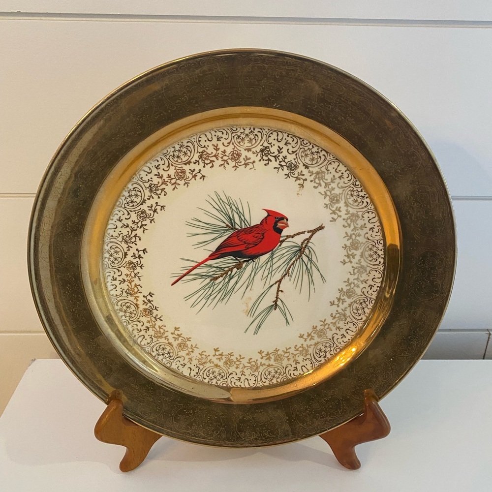 Vintage 22K Gold Rimmed Cardinal On A Pine Branch Decorative Plate Scrolled Rim